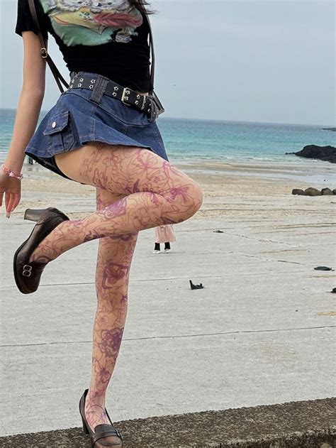 White Nude Butterfly And Floral Print Tights