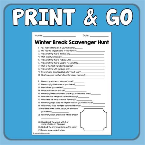 Winter Break Scavenger Hunt FREEBIE No Prep Fun Take Home Activity