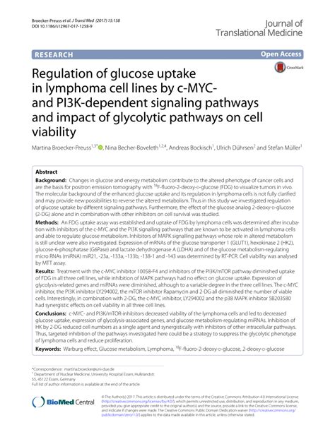 Pdf Regulation Of Glucose Uptake In Lymphoma Cell Lines By C Myc And