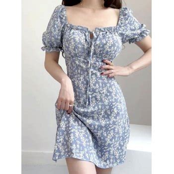 Emmiol Free Shipping Puff Sleeve Floral Mini Dress Blue L In Mini