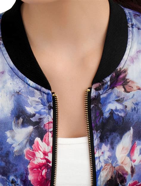 Stand Collar Floral Print Zip Up Bomber Jacket Allegra K