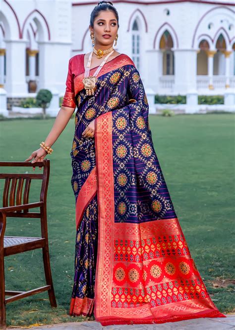 Navy Blue And Red Patola Silk Saree Urban Womania