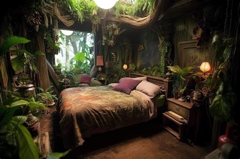 Premium Photo | Bedroom interior with fantastic plants and jungle inside Travel dreams ...