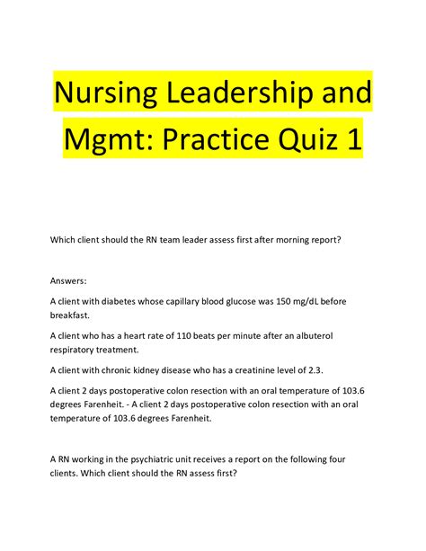 Nursing Leadership And Mgmt Practice Quiz 1 Browsegrades