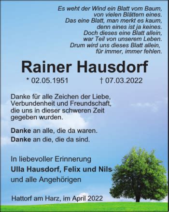 Traueranzeigen Von Rainer Hausdorf Harztrauer De