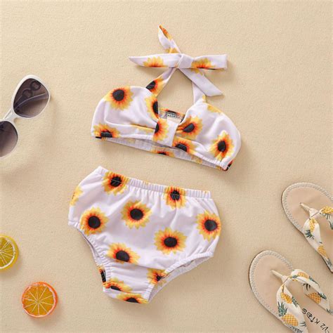 Baddräkt gränsöverskridande barns flicka bikini badkläder med print Sunflower 70cm 9b91