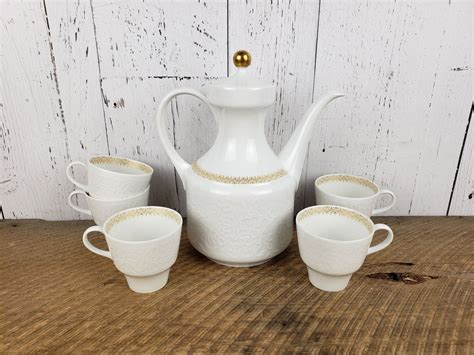 Vintage German Tea Set Teapot And 5 Teacups White W Filigree Etsy