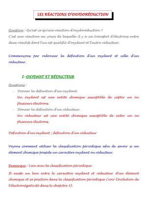 Calam O Les R Actions D Oxydor Duction Version Prof