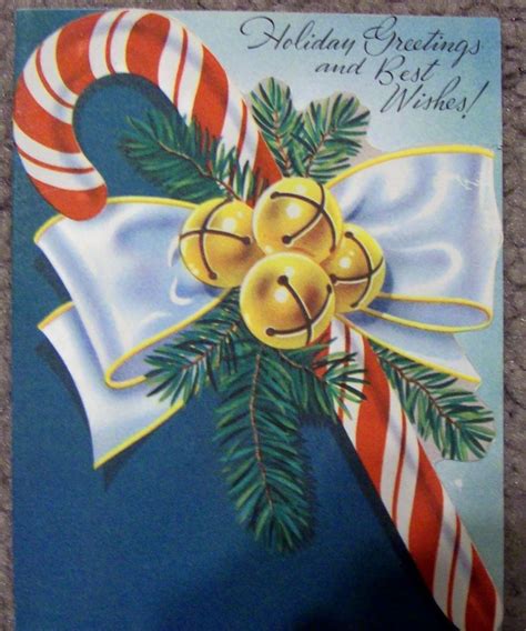 Vintage Christmas Mid Century Card Candy Cane And Jingle Bells Rust