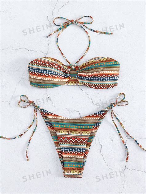 SHEIN Swim Summer Beach Geo Print Bikini Set O Ring Halter Wireless Bra