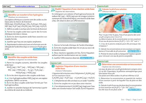 Ch 1 Transformations acide base Exo énoncés 1 Physique chimie EDS