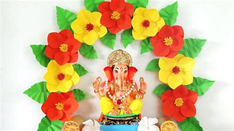 गणपती डेकोरेशन २०२० Ganpati Decoration With Giant Paper Flower Eco Friendly Decoration Ideas