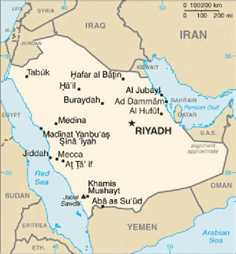 Map of Saudi Arabia showing the total area, major cities and the ...