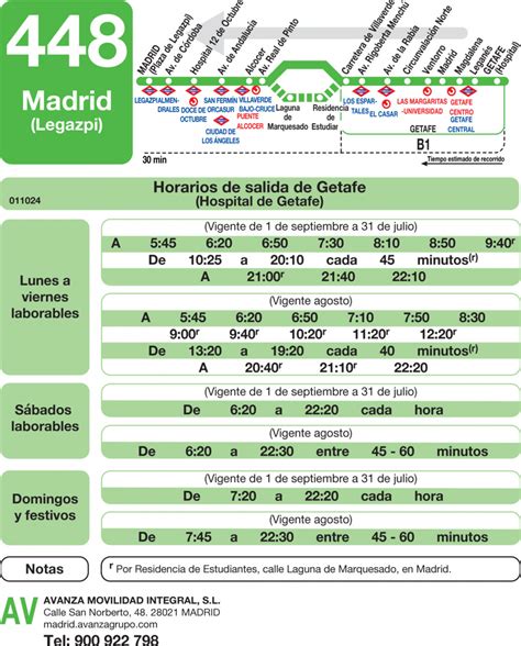 Horarios de autobús 448 Madrid Legazpi Getafe Villaverde