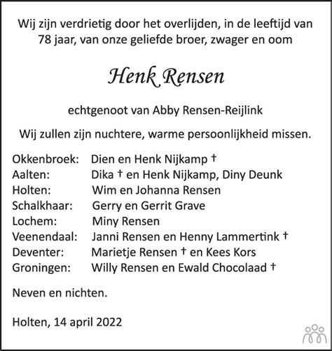 Hendrik Willem Henk Rensen Overlijdensbericht En