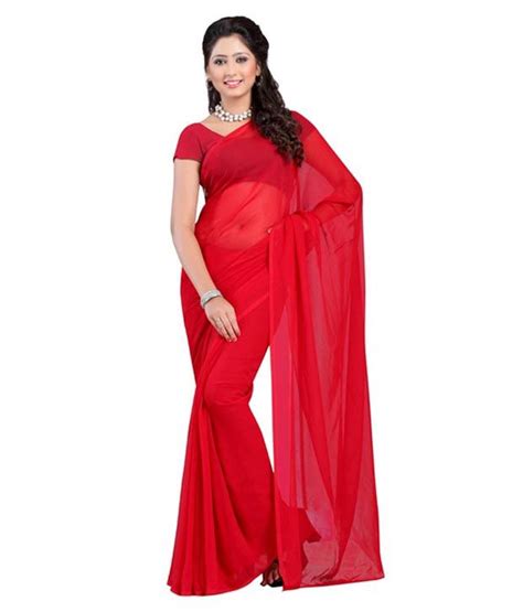 Jayalakshmi Sarees Centre Red Plain Pure Chiffon Saree With Blouse