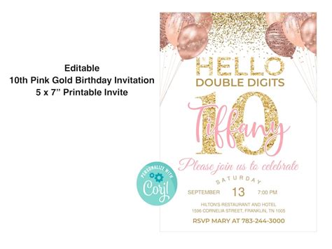 Pink Gold Glitter 10th Birthday Invitation Editable Birthday Etsy