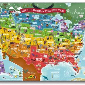 Large USA Map for Kids, Colorful Beautifully Illustrated Landmarks ...