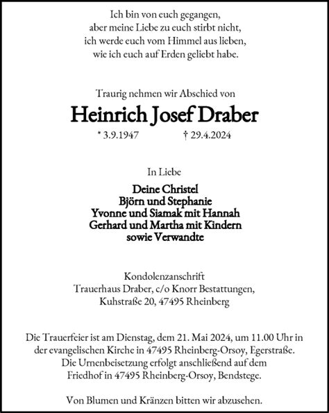 Traueranzeigen Von Heinrich Josef Draber Trauer In NRW De