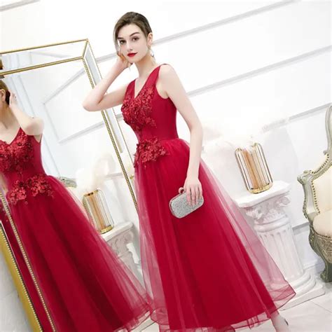 Chic Beautiful Red Evening Dresses A Line Princess V Neck