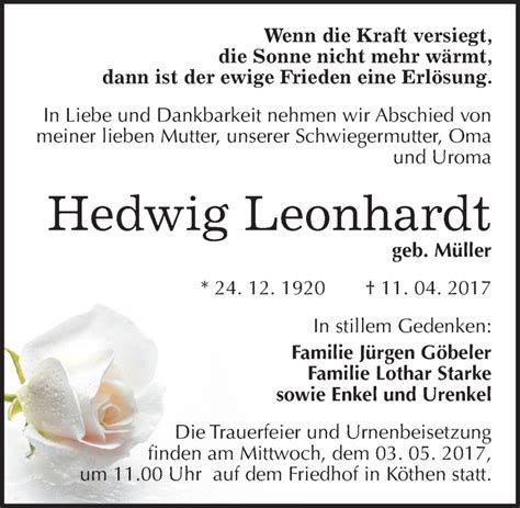 Traueranzeigen Von Hedwig Leonhardt Abschied Nehmen De