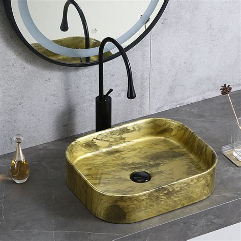 New Elegant Bathroom Unique Sink Ceramic Sinks Gold Rectangle Lavabo