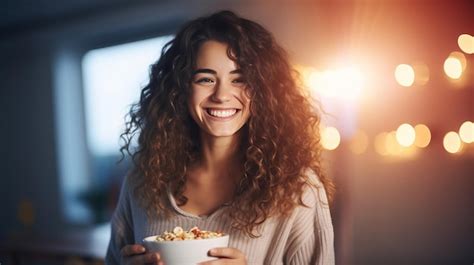 Premium AI Image Beautiful Brunette Woman Eating Breakfast Holding