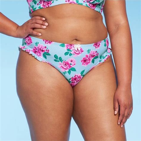 Wild Fable Women S High Leg Cheeky Ruffle Bikini Bottom Blue Floral Print ShopStyle Plus Size