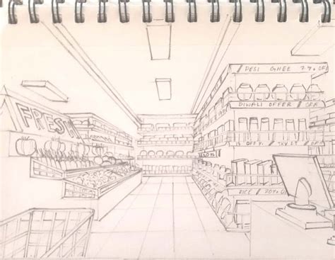 this is a drawing of a grocery store aisle with shelves full of ...