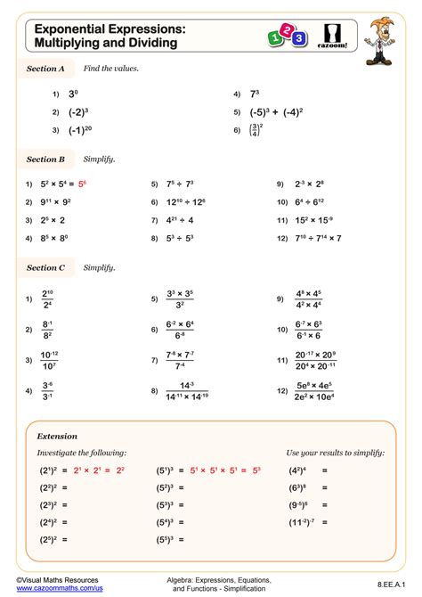 Exponential Expressions: Multiplying and Dividing Worksheet | Fun ...