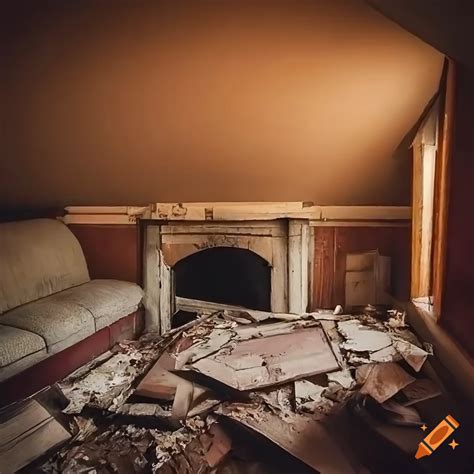 Detailed Abandoned Foggy Attic With Tan Brick Fireplace And Tall