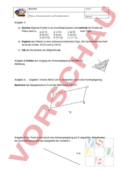 Arbeitsblatt Kurztest Symmetrie Spiegelung Geometrie Symmetrien