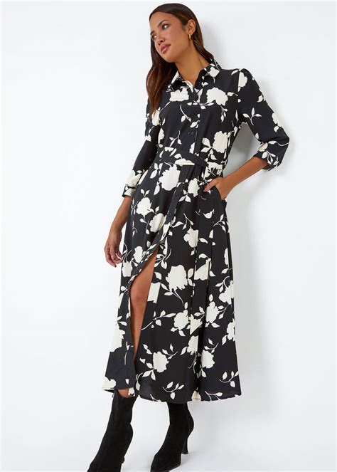 Roman Black Floral Print Midi Shirt Stretch Dress Matalan