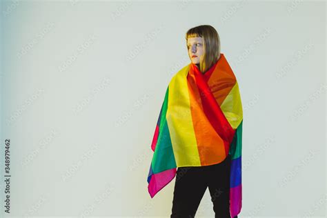 Beautiful Lesbian Girl Wrapped In A Rainbow Flag Stock Photo Adobe Stock