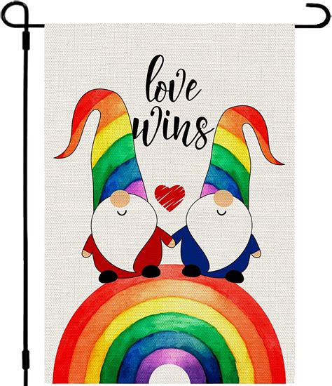 Gay Pride Day Garden Flag Rainbow Gnome Yard Flag Double Sided Love Wins Outdoor Holiday Garden