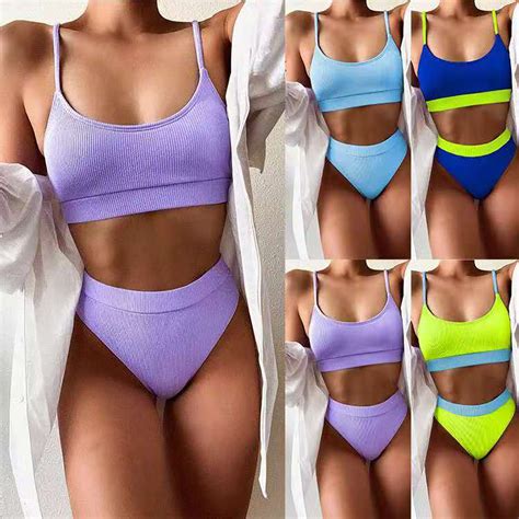 Bikini Acanalado De Cintura Alta Para Mujer Traje De Ba O De Dos