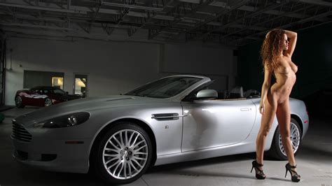 Aston Martin Vantage Convertible And Hot Nude Babe In High Heels Showing Her Trimmed Pussy And