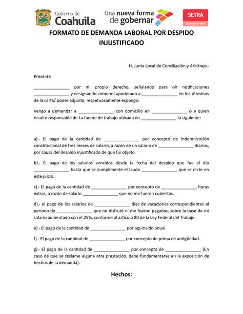 Formatos De Procedimientos Formato De Demanda Laboral Por Despido