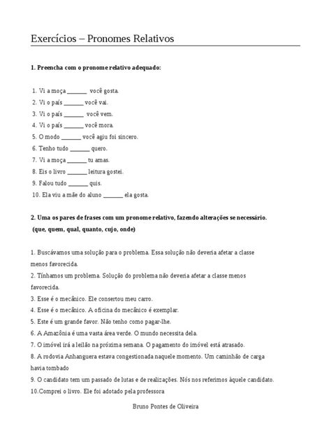 Praticando Pronomes Relativos Exerc Cios Para O Ano Body Sat