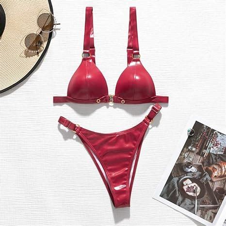 Zhengpingpai PU Leder Bikini Satz Red Triangle Swimwear Frauen Arbeiten