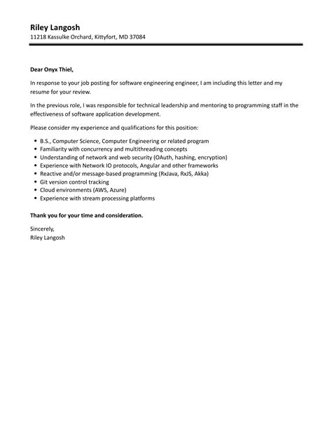 Software Engineering Engineer Cover Letter Velvet Jobs