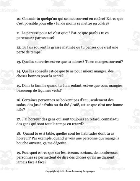 French Advanced Conversation Questions Habits Vocabulary By Teach Simple