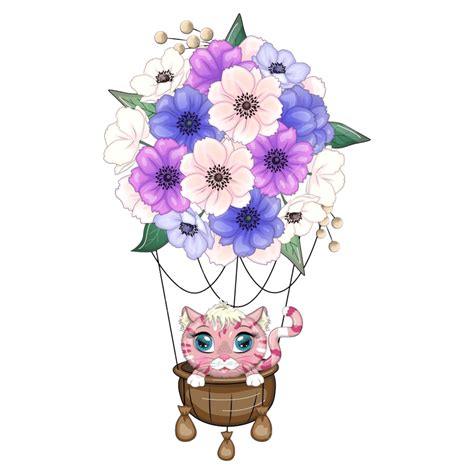 Cute Kitten Hanging On Hot Air Balloon Flying In The Sky Flying