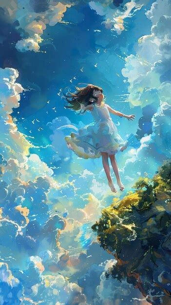 A painting of a girl flying in the sky with the water in it | Premium ...