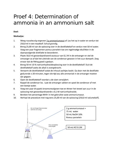 Proef 4 Determination Of Ammonia In An Ammonium Salt Proef 4