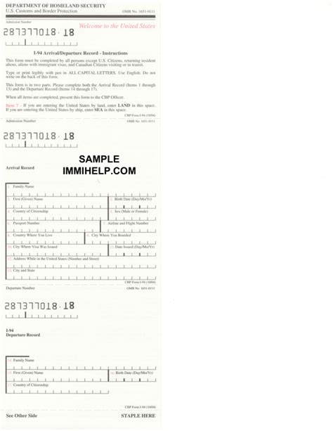 Sample I 94 Form Arrival Departure Card