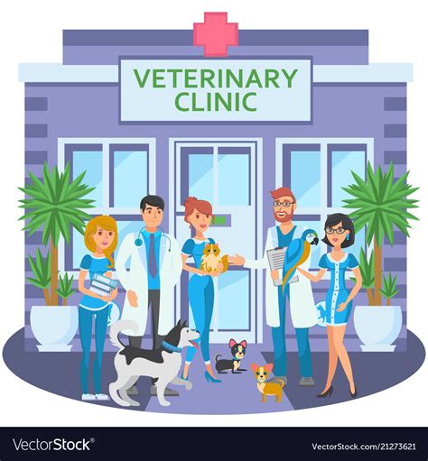 Cartoon group of joyful veterinarians with pets Vector Image