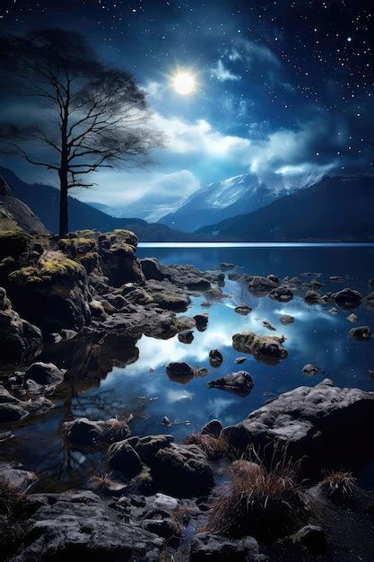 Hermoso paisaje nocturno vertical con lago y montaña Foto Premium