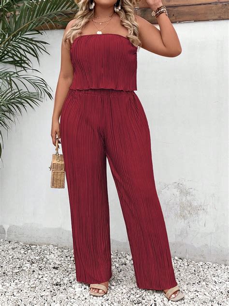 SHEIN Privé Plus Solid Tube Top Wide Leg Pants SHEIN USA