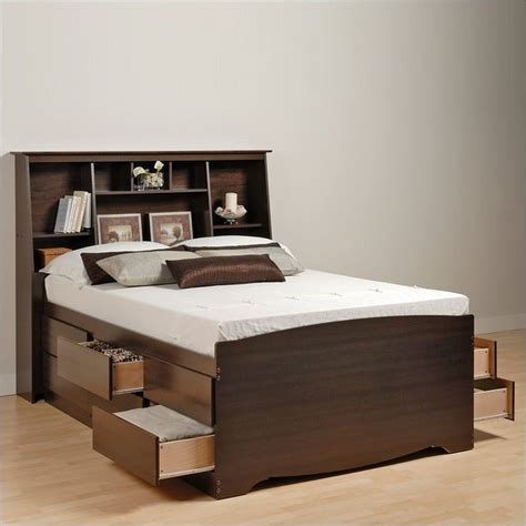 Queen Size Platform Bed With Storage And Bookcase Headboard Hanaposy